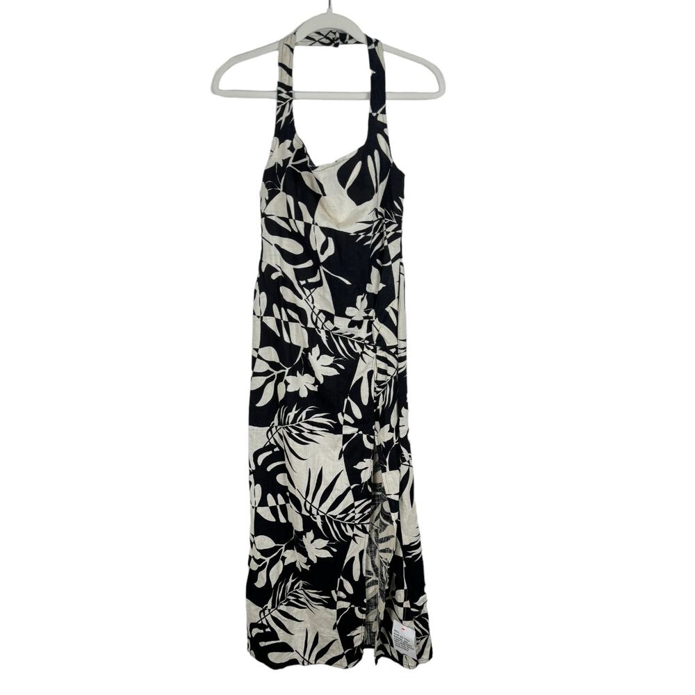 ASOS DESIGN Linen Halter Maxi Dress Tropical Sundress Floral Black White Size 2